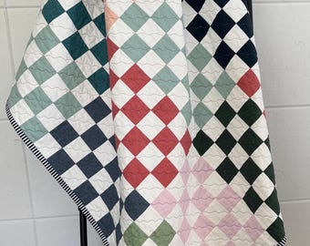 Handmade Throw Quilt: Faux Linen Patchwork, Turquoise Minky Backing