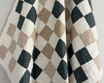 Nine-Patch Baby Quilt in Beige and Dark Teal. Cotton back,  37”x37”