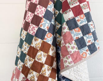 Handmade Sixteen Patch Quilt Fableism Wood Block Prints and Watercolor Wovens 57”x 67”