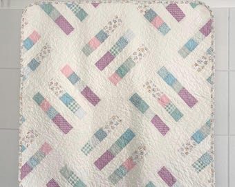 Baby Girl Quilt in Sweet Pastels with Cotton Plaid Backing and Rounded Corners