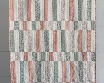 Madeline Baby Girl Quilt in Peach and Mint, Fluffy Fleece Backing.