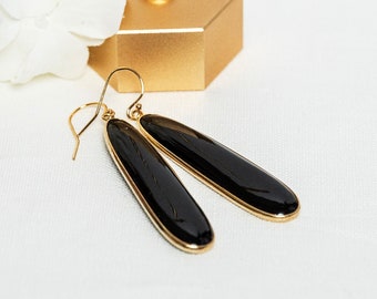 Long Gemstone Earrings - Black Onyx Earrings - Long Oval Earrings - Gold Filled Earrings - Elegant Earrings - Drop Earrings