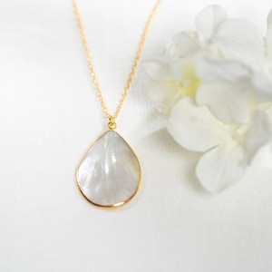 Mother of Pearl Necklace - Teardrop MOP Necklace - Large Mother of Pearl Pendant Necklace - Gold Over Sterling Silver Chain - Gold Filled