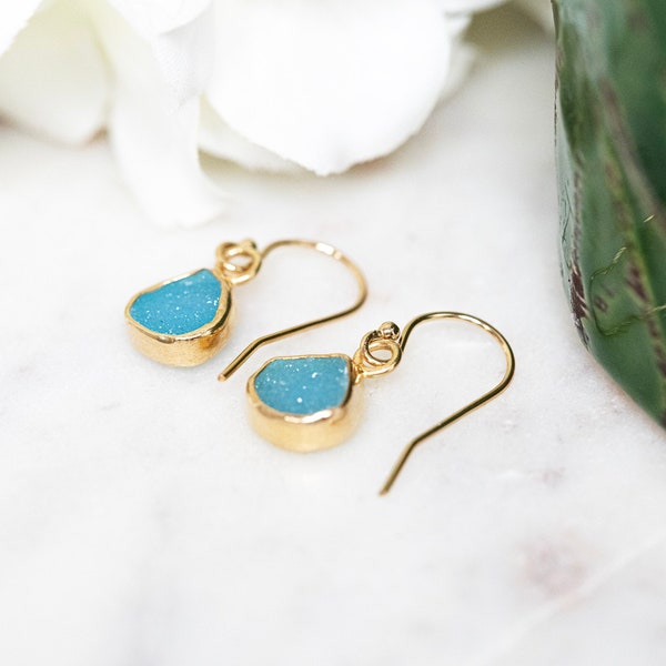 Druzy Earrings - Blue Druzy Drop Earrings - Gemstone Drop Earrings - Teardrop Earrings - Gold Filled Earrings - Minimalist Earrings