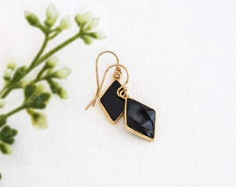 Gemstone Earrings - Black Onyx Earrings - Diamond Shaped Gemstone Drop Earrings - Black Earrings - Gold Filled Earrings