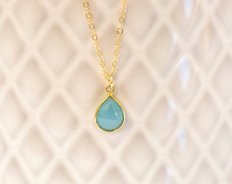 Gemstone Necklace, Blue Chalcedony Teardrop Necklace, Gold Necklace, Gold Filled Necklace, Dainty Jewelry, Gift For Her, Bezeled Charm