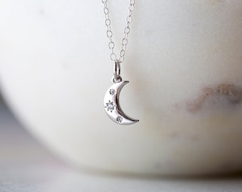 Moon Necklace, Crescent Moon Necklace, Celestial Necklace, Moon and Stars, Dainty Sterling Silver Necklace, CZ Charm Necklace