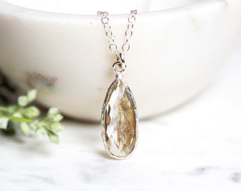 Elongated Gemstone Necklace - Quartz Necklace - Long Pendant Necklace - 925 Sterling Silver Necklace - Long Teardrop Necklace