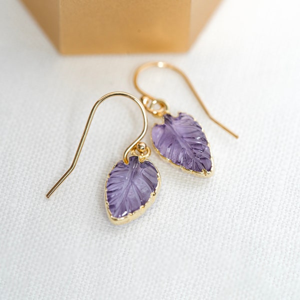 Amethyst Leaf Earrings - Gemstone Earrings - Amethyst Earrings - Drop Earrings - Purple - Gold Filled Earrings - Feburary Birthstone