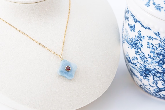 Aquamarine Clover Pendant Necklace, Red Garnet Stone Inlay, 18k Gold Filled Necklace, Jewelry Gift