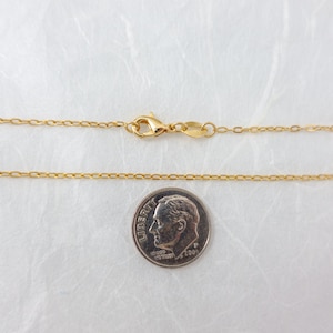 May include: A delicate gold-colored necklace with a lobster clasp, shown next to a dime for size comparison. The chain is thin and has small, evenly spaced links. The dime shows the profile of a man.
