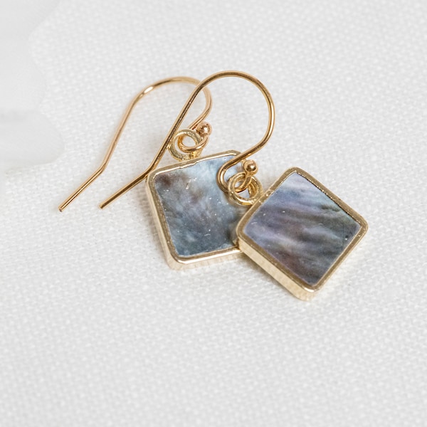 Mother of Pearl Earrings - Square MOP Drop Earrings - Gemstone Drop Earrings - Gold Filled Earrings - Minimalist Earrings - Dark Gray MOP