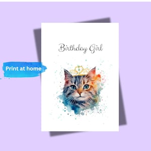 Cat Lover Printable Birthday Girl Card Download Watercolour Paint Effect Tabby Cat Greeting Card Digital Pdf File