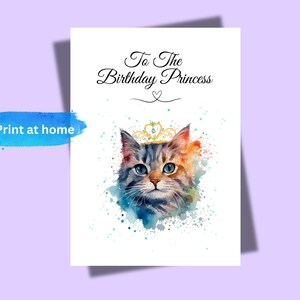Birthday Princess Greetings Card,  Painted Effect Cat Birthday Card, Cat Lovers Card,