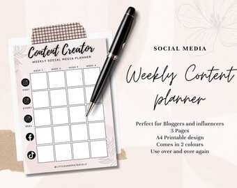 Weekly Social Media A4 Planner Instant Download, Digital Business Social Media Content Strategy Planner Marketers Bloggers Influencers