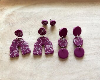 dogwood clay earrings | purple floral polymer clay dangles | handmade statement earrings | lightweight gift | silver hardware | spring look