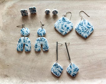 porcelain bloom clay earrings | blue vine polymer clay dangles | handmade statement earrings | resin finish | silver hardware | gift for her