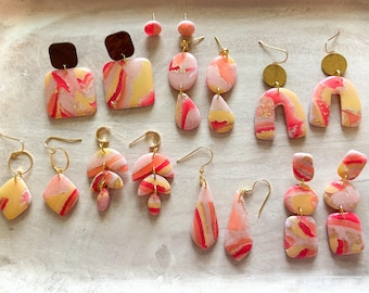 marble clay earrings | sunrise sorbet polymer clay dangles | handmade statement earrings | resin finish | gold hardware | gift for her