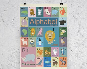 Animal Alphabet Poster, ABC Animal Print, Kids room Playroom Decor, Nursery Wall Art, Educational Posters, Boys Girl Gift, Digital Printable