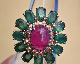 Emerald Ruby Floral Ring, Vintage Sterling Silver, Rose Gold Finish