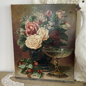 Original Vintage Flower Still Life Oil Painting Moody Flower Painting Shabby Antique Authentic Painting Canvas French Brocante Decor 1950s