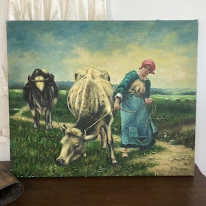 Original Vintage Summer Country Landscape Oil Painting Canvas Rustic Farmhouse Decor Farmer&#39;s Wife Cows Authentic Painting Farm Field