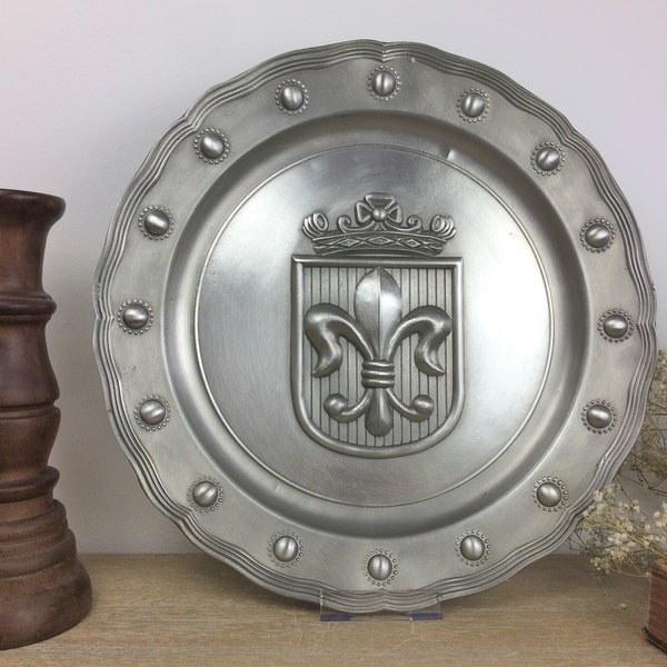 Large Fleur-de-lis Pewter Plate, French Emblem Vintage Fleur-de-lys - French Brocante, Rustic Farmhouse Decor