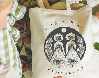 Appalachian Homegrown Tote Bag – Wildflower Folk Art Canvas Bag, Cottagecore Market Tote, Nature-Inspired Gift