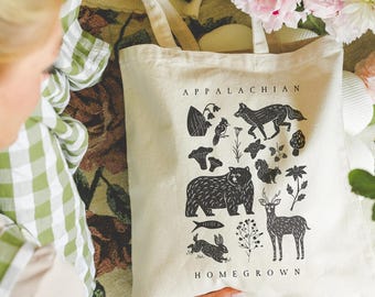 Appalachian Homegrown Nature Tote Bag – Forager Animals Canvas Market Tote, Rustic Folk Art Gift, Cottagecore Wildlife Bag