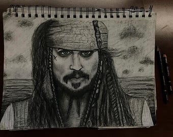 Schizzo a carboncino del capitano Jack Sparrow, disegno di Johnny Depp