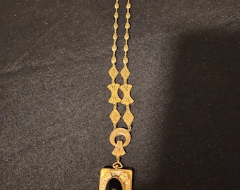 Art Deco Locket Necklace, Gemstone & Pearl, Ornate Chain