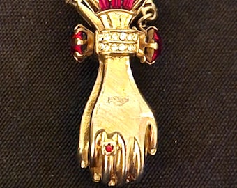 Vintage 1950 By LLE CO. Red & White Rhinestone Hands Glove or Scarf Clip