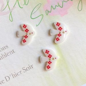 White Bird Buttons with Red Floral Print for Sewing Crafts