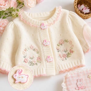 May include: Cream-colored cardigan with pink trim and bunny-shaped buttons. The sweater features floral embroidery and a scalloped neckline. A close-up shows a bunny button. The overall theme is spring or Easter.