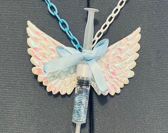 Tenshi Kaiwai kawaii cyber core yamikawaii two tone medium chain blue angel wing syringe necklace