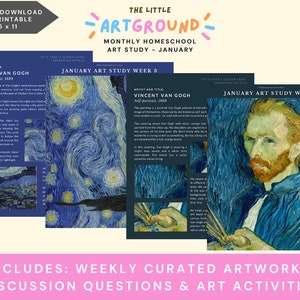 Puede incluir: Una descarga PDF imprimible para un plan de estudios de arte en casa. La imagen de portada muestra una pintura colorida de un cielo nocturno estrellado con un pueblo en primer plano. El texto en la portada dice "The Little Artground Monthly Homeschool Art Study - January".