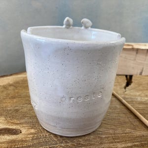 Wheel Thrown Pottery Water Pot: White Stoneware Brush Holder with Birds
