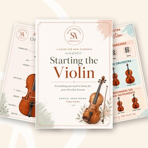 Może przedstawiać: Trzystronicowy przewodnik instruktażowy zatytułowany Starting the Violin autorstwa Sophie Armstrong. Okładka zawiera akwarelową ilustrację skrzypiec, a strony wewnętrzne przedstawiają opisane schematy części skrzypiec i instrumentów.