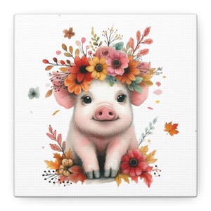 Floral Pig Canvas Print, Cute Animal Wall Art, Farmhouse Decor, Gift for Animal Lovers, Nursery Wall Decor, Pig Art Print