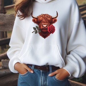 Valentine Highland Cow with Rose | Valentines Day Gift | Valentines Gift for Her | Hooded Sweatshirt