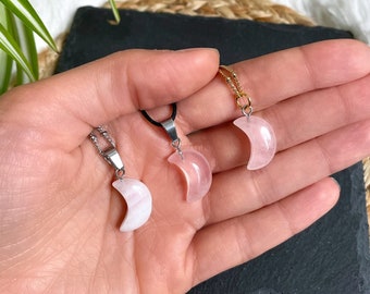 Rose Quartz Moon Pendant | fair trade & ethical | Moon Shape Gemstone, Pink Healing Stone, Crystal Necklace | Esoteric, spiritual jewellery