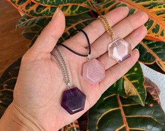 Hexagon Pendant Amethyst, Rose Quartz or Rock Crystal | Fair Trade & Ethical | Gemstone Jewelry, Crystal Protection | Esoteric Gift