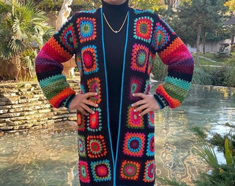 Cárdigan cuadrado colorido de la abuela, chaqueta multicolor estilo hippie para festivales de ganchillo