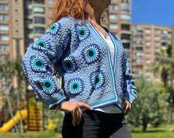 Evil Eye Coat, Knit Blue Cardigan, Hippie Coat, Colorful Cardigan, Crochet Boho Jacket, Afghan Coat, Knit Loose Sweater, Sweater For Women