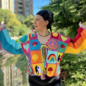 Rainbow Crochet Granny Square Sweater, Festival Cardigan, Cute Cardigan, Colorful Coat, Knit Patchwork Coat, Oversize Cardigan