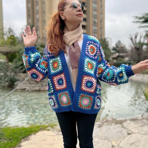 Blue Crochet Sweater, Granny Square Cardigan, Colorful Cardigan, Hippie Coat, Knit Jacket, Oversize Cardigan, Boho Coat, Loose Cardigan image 1