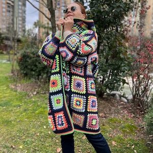 Crochet Colorful Granny Square Coat, Hippie Cardigan, Trendy Knit Coat, Oversize Boho Coat, Afghan Coat, Sweater For Women