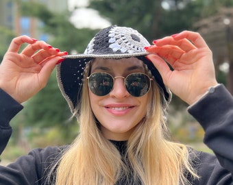 Crochet Bucket Hat, Granny Square Hat, Crochet Summer Hat, Knit Black White Hat, Knit Festival Hat, Crochet Hippie Hat, Crochet Sun Hat,