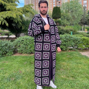 Crochet Men Jacket, Granny Square Coat, Bohemian Afghan Coat, Men Hooded Cardigan, Crochet Retro Sweater, Knit Long Sweater, Gift for Him