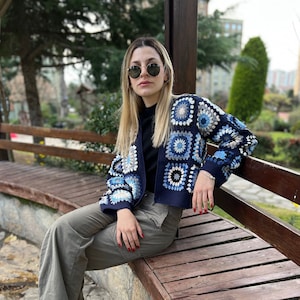Crochet Granny Square Blue Short Patchwork Cropped Cardigan, Waist Length Coat, Fall Fashion Gift